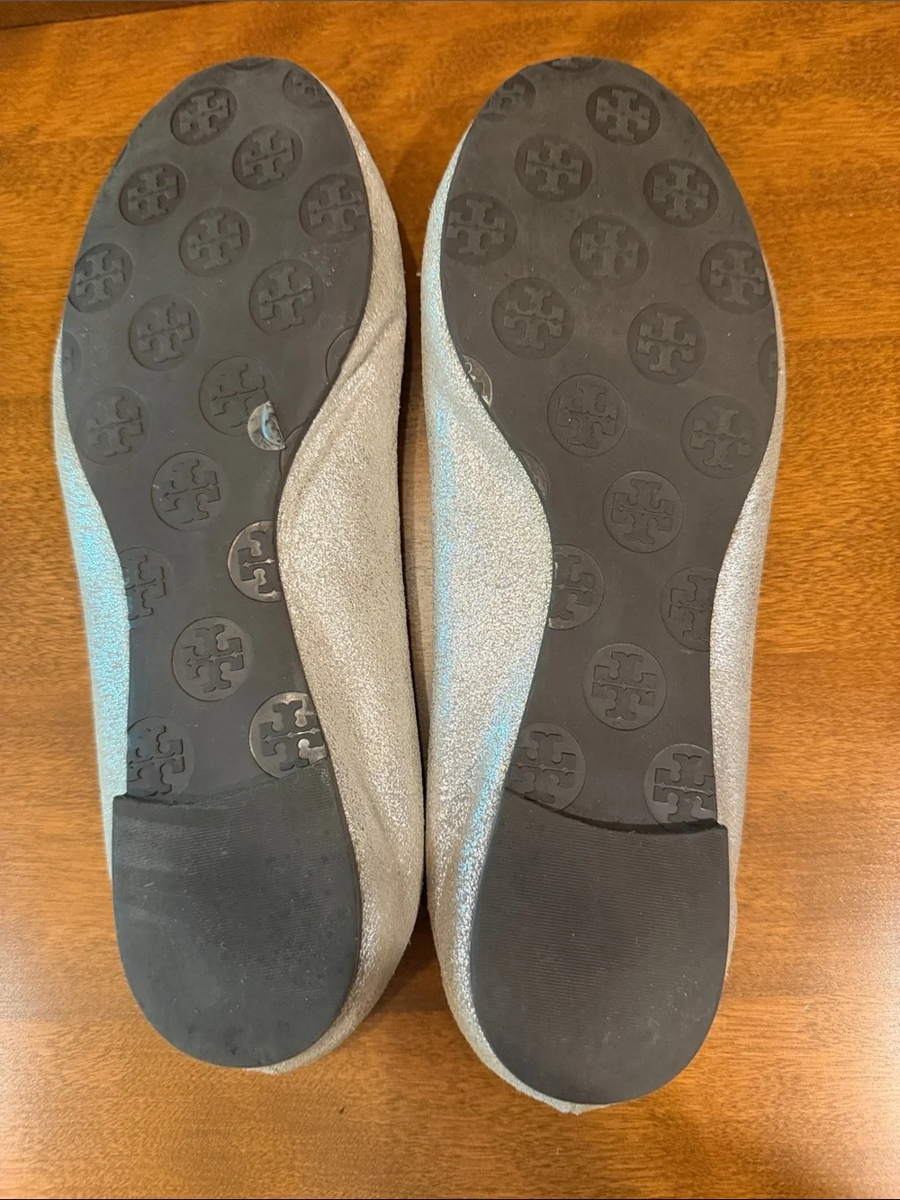 Tory Burch Silver Metallic Glitter Logo Ballet Flats